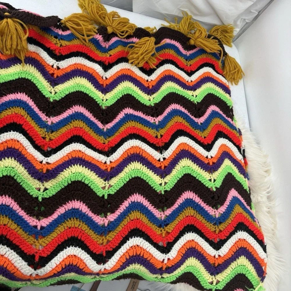 Vintage Mid Century Multi Crochet Zig Zag Pattern Afghan 54